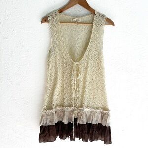 Areve Lace & Ruffle Layering Vest Tie Front Cream Brown Large Cottagecore